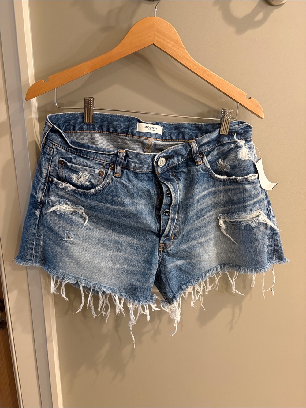Moussy Light Blue Distressed Frayed Hem Denim Shorts